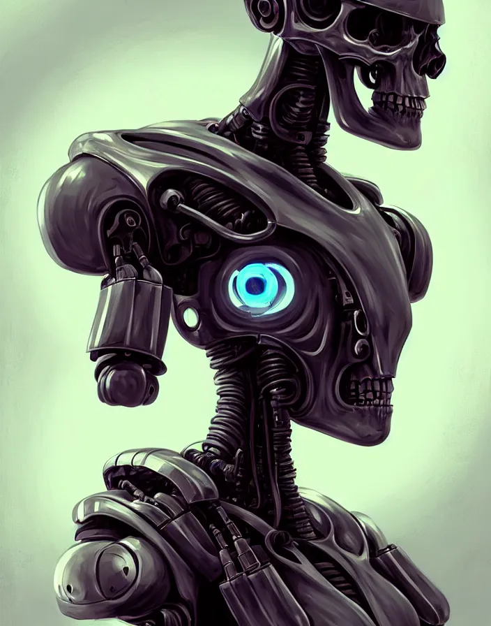 Image similar to skull - headed robot cyborg painting, illutstration, concept art, cyberpunk, futurism, comics art, artgerm, full body shot, wide angle