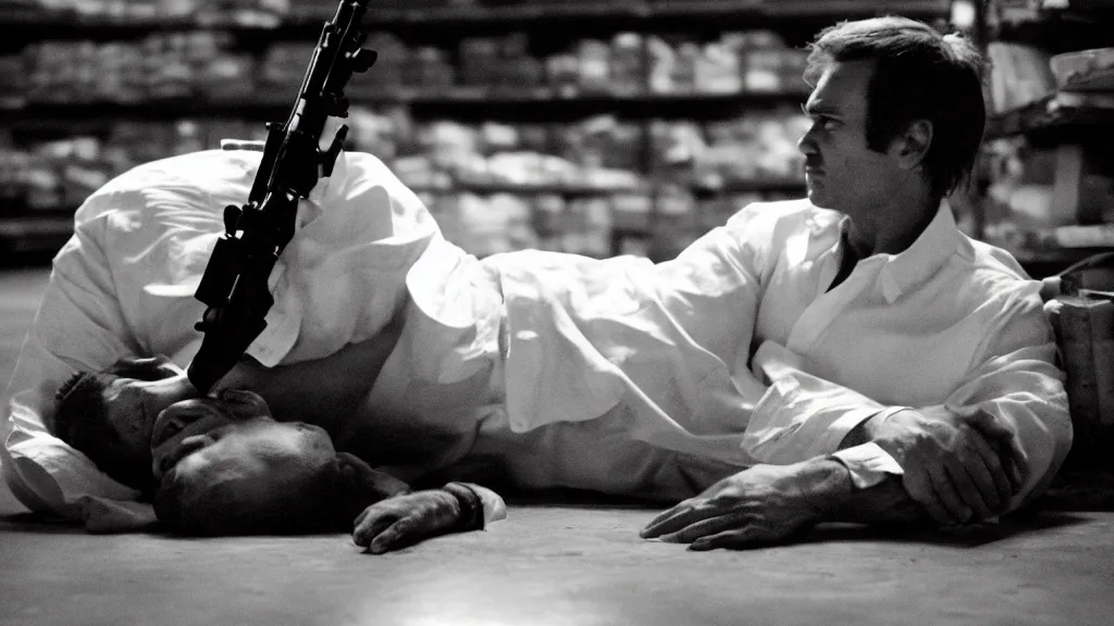 Prompt: film still of a wounded man in a white shirt laying in a warehouse next to a gun on the ground. moody, grainy, 4 k, directed by quentin tarantino,