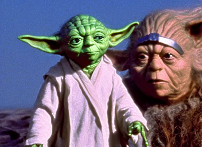 Image similar to a film still of yoda in baywatch 1 9 8 9