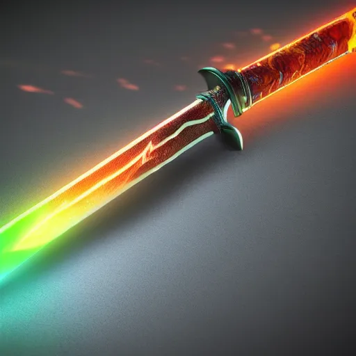 Image similar to a mythic legendary elemental multicolor sword creating a powerful aura, octane render, unreal engine, 3D, 8K, ultra detailed, as coherent as Dall-E 2