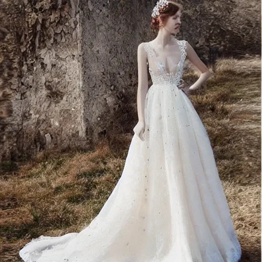 Prompt: fancy delicate knitted wedding dress in light color with fantastically beautiful openwork and pearls, fluffy in places, with an open back. hyper - realistic photo. beautiful. slim. with a beautiful full - length model face. very clear details. background for the style of the dress. luxury is a masterpiece.