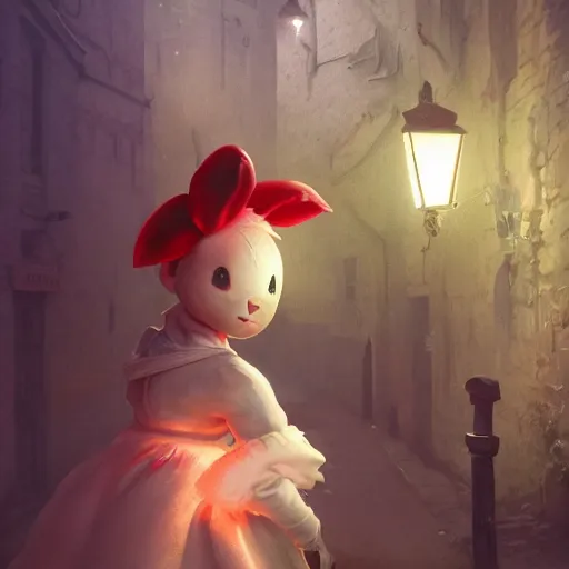 Image similar to Portrait of a Moogle Girl from Final Fantasy, huggy wuggy from poppy playtime video game sneaking through the streets of a medieval village at night, glowing lights, oil painting, Greg Rutkowski, Charlie Bowater, Beeple, unreal 5, DAZ, hyperrealistic, octane render, RPG portrait, dynamic lighting, fantasy art, beautiful face