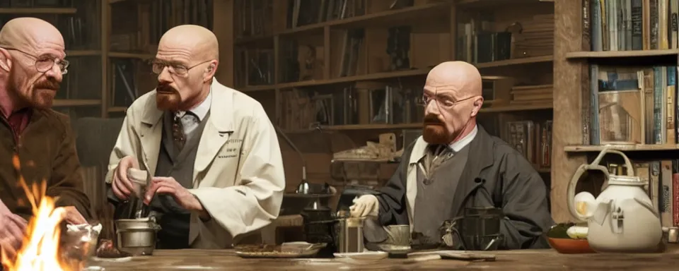 Prompt: walter white teaching harry potter to cook meth, hd, photorealistic, cinematic