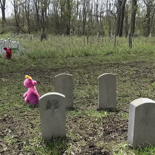 Image similar to teletubbies on cemetery trail camera footage