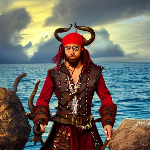 Prompt: a red - skinned horned male tiefling pirate, dungeons and dragons, wearing a pirate coat with shiny gold buckles and a rapier on his hip, standing at the prow of his ship looking out over the water, uhd, high detail, sunset lighting