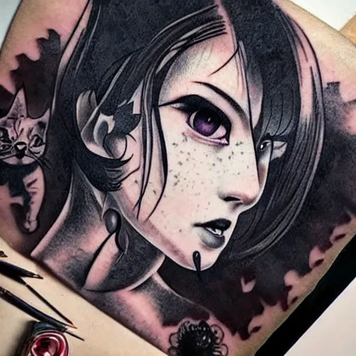 Prompt: tattoo design, stencil, portrait of a post apocalyptic japanese girl, artgerm, cat girl
