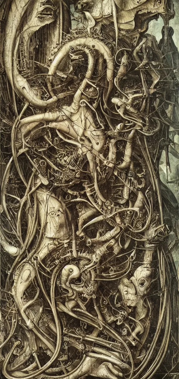 Image similar to an incredibly detailed masterpiece collaborative painting by bosch and Giger, ornate, detailed, high resolution, wow!, intricate