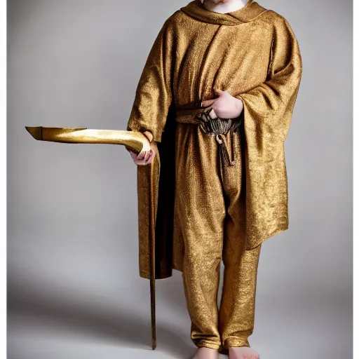 Image similar to richard iv the roman king, real human wearing golden cashmere pyjama, soft studio lighting, sigma lens photo,