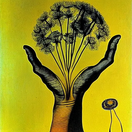 Image similar to a hand with dandelions growing out of it, by salvador dali