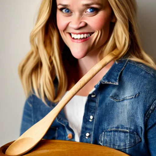 Image similar to reese witherspoon, holding a spoon, wooden spoon, cutlery, photography, smiling, portrait, soft focus