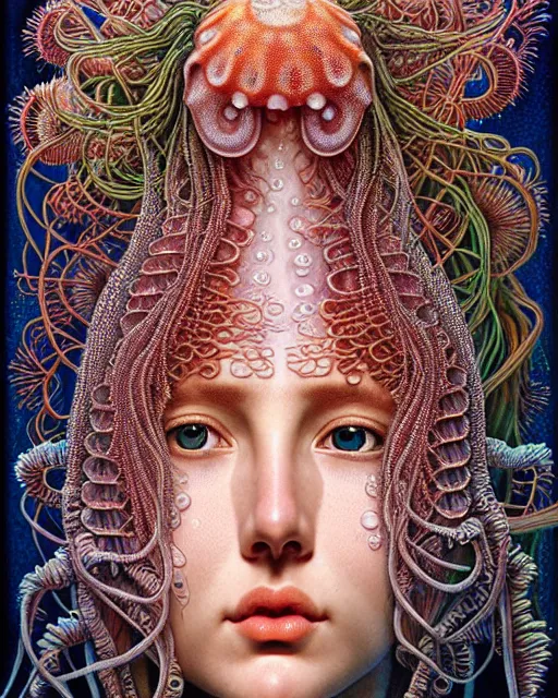 Prompt: hyperrealistic detailed underwater face portrait of the beautiful goddess of the jellyfish with an intricate headgear of corals, sea kelp, sea plants, fish, starfish, jellyfish, art by ernst haeckel, john william godward, android jones, alphonso mocha, gothic - cyberpunk, ornamental, beautiful deep colours,