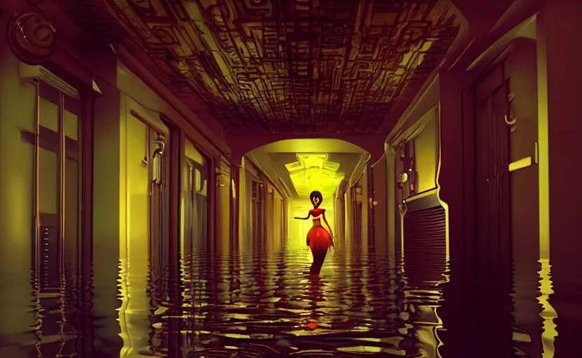 Image similar to sally from cars in a flooded fractal hallway, romance novel cover, in 1 9 9 5, y 2 k cybercore cutecore, low - light photography, still from a ridley scott movie