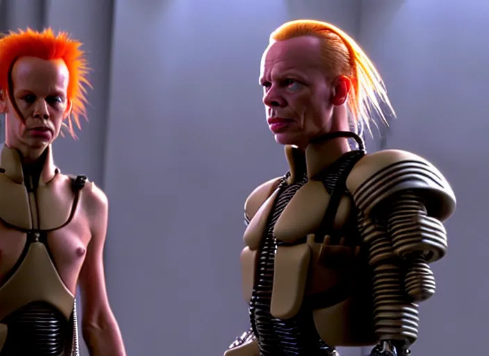 Prompt: still photo from the movie the fifth element, gary oldman, asymmetrical haircut, far future, highly detailed, trending on artstation, intricate, cinematic composition, by rutkowski