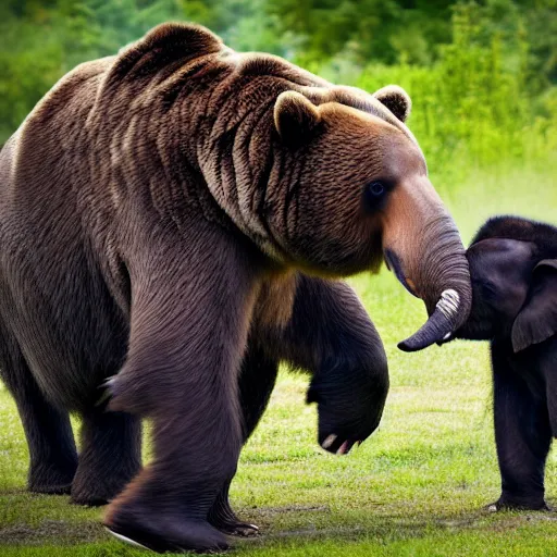 Image similar to A professional photo of a bear and an elephant dancing