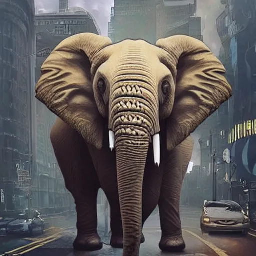 Prompt: lovecraftian elephant with tendrils invading a city, hyperrealistic