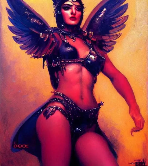 Image similar to portrait of junoesque iranian female chaos angel, beautiful! coherent! by frank frazetta, by brom, strong line, vivid neon color, shining metal power armor, iron helm, high contrast, maximalist