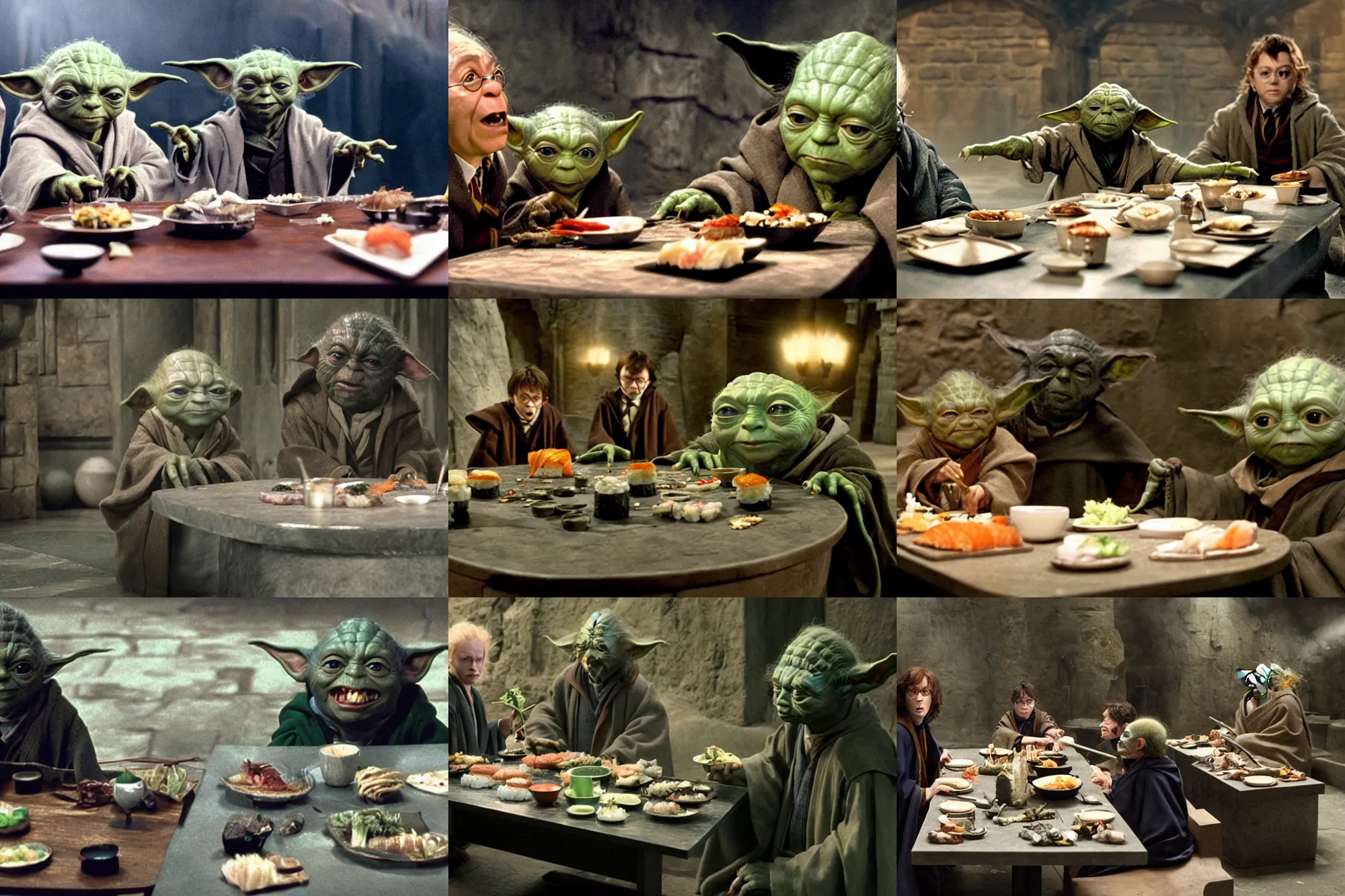 Prompt: Harry potter film, a scene where Harry and Master Yoda are eating in a Concrete wall basement, Sushi is placed on a small aluminum table placed in the center, Dark cinematic color tones.