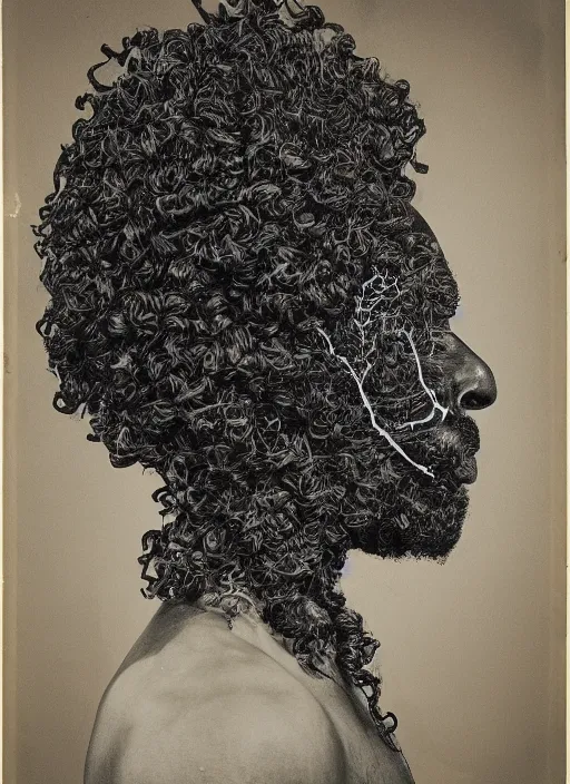 Prompt: a black man's face with long curly hair in profile, made of skeleton leafs, in the style of the Dutch masters and Gregory Crewdson, dark and moody