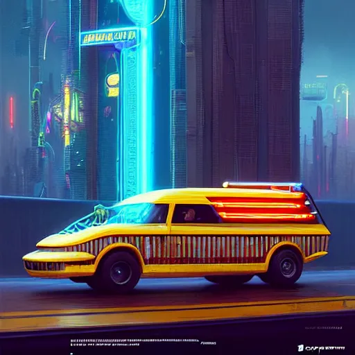 Image similar to a cyberpunk oscar meyer weiner weinermobile, highly detailed epic, CG render digital painting artwork by Greg Rutkowski, John Berkey, Alexander Jansson, Kuvshinov, WLOP, Artgerm, trending on ArtStation, intricate artwork by Tooth Wu, Beeple. octane render, trending on artstation, greg rutkowski very coherent symmetrical artwork, bokeh, cinematic, hyper realism, high detail, octane render, vervia, 8k