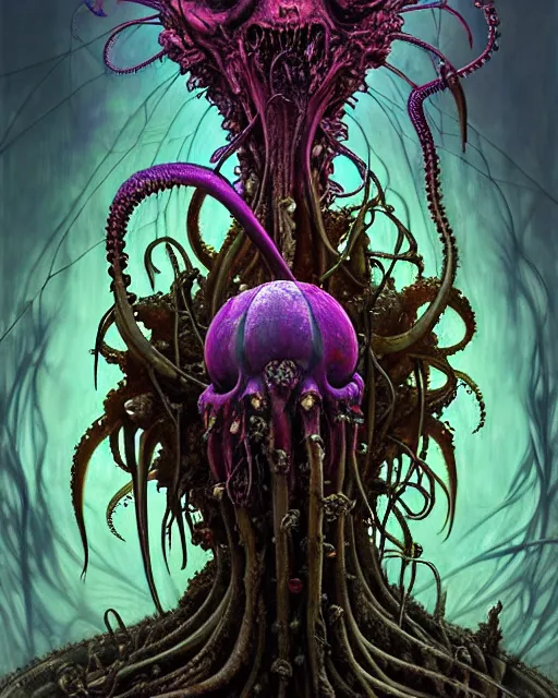 Image similar to the platonic ideal of flowers, rotting, insects and praying of cletus kasady carnage thanos dementor chtulu mandelbulb schpongle octopus bioshock xenomorph baraka dead space, ego death, decay, dmt, datura stramonium, concept art by randy vargas and zdzisław beksinski