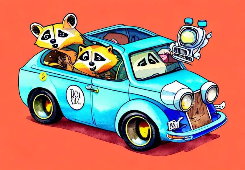 Image similar to cute and funny, racoon riding in a tiny hot rod coupe with oversized engine, ratfink style by ed roth, centered award winning watercolor pen illustration, isometric illustration by chihiro iwasaki, illustration overlay by beeple