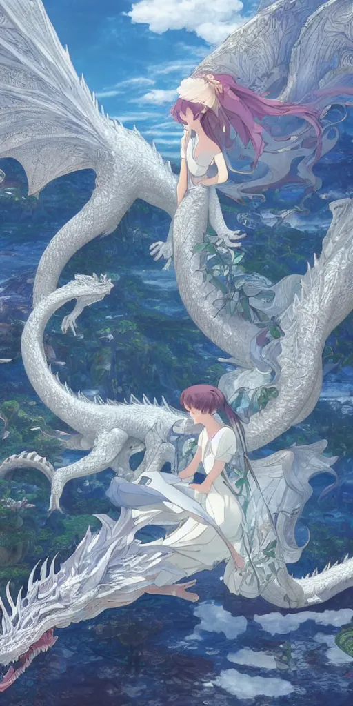 Image similar to the beautiful hyper detailed scene render that a beautiful girl lies in the arms of a huge silver white dragon alone in the fairyland surrounded by white clouds, finely detailed angelic face delicate features, style of studio ghibli, makoto shinkai, raphael lacoste, louis comfort tiffany, artgerm, james jean, ross tran, animation style, hd, ultra wide angle