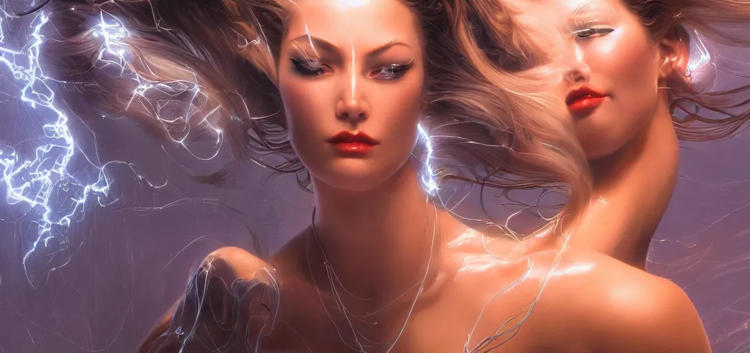 Prompt: beauty woman emerging from the matrix, very detailed, dramatic cinematic lighting, mechanical details, electrical details, high details, 4k, 8k, trending on artstation, by Hajime Sorayama and Boris Vallejo