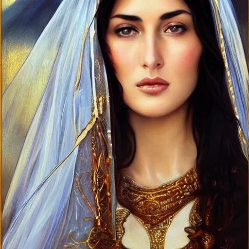 Prompt: Beautiful face Portrait of crying young arab Monica Bellucci, really big blue eyes, long wavy black hair, white veil, closeup, focus face, colored, middle eastern, dramatic lighting, intricate, wild, highly detailed, digital painting, artstation, concept art, smooth, sharp focus, illustration, art by artgerm and greg rutkowski and alphonse mucha, footage from space camera