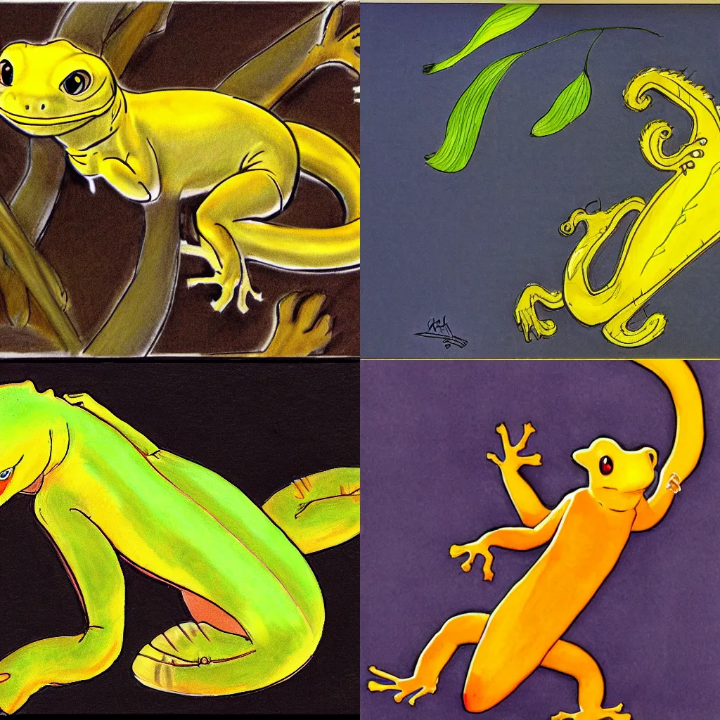 Prompt: a yellow salamander drawn by don bluth