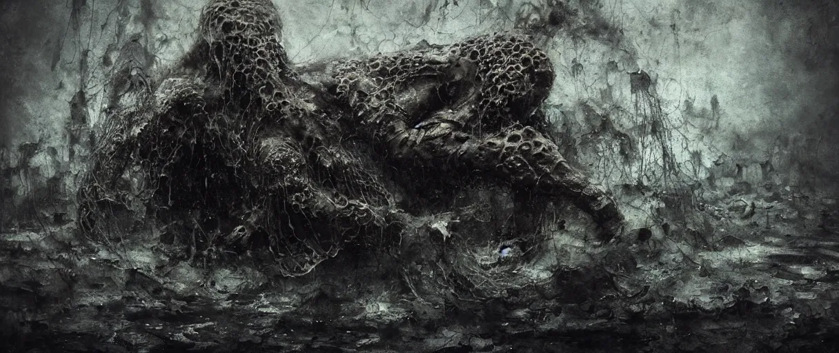 Image similar to wet collodion photography of early xx century cthulhu sleeping in r'lyeh sunken city by emil melmoth zdzislaw beksinki craig mullins yoji shinkawa realistic render ominous detailed photo atmospheric by jeremy mann francis bacon and agnes cecile ink drips paint smears digital glitches glitchart