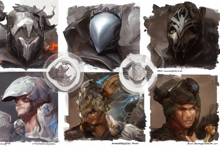 Image similar to 4x3 item concept art grid of legendary loot headgear by artgerm and Craig Mullins, James Jean, Andrey Ryabovichev, Mark Simonetti and Peter Morbacher 16k