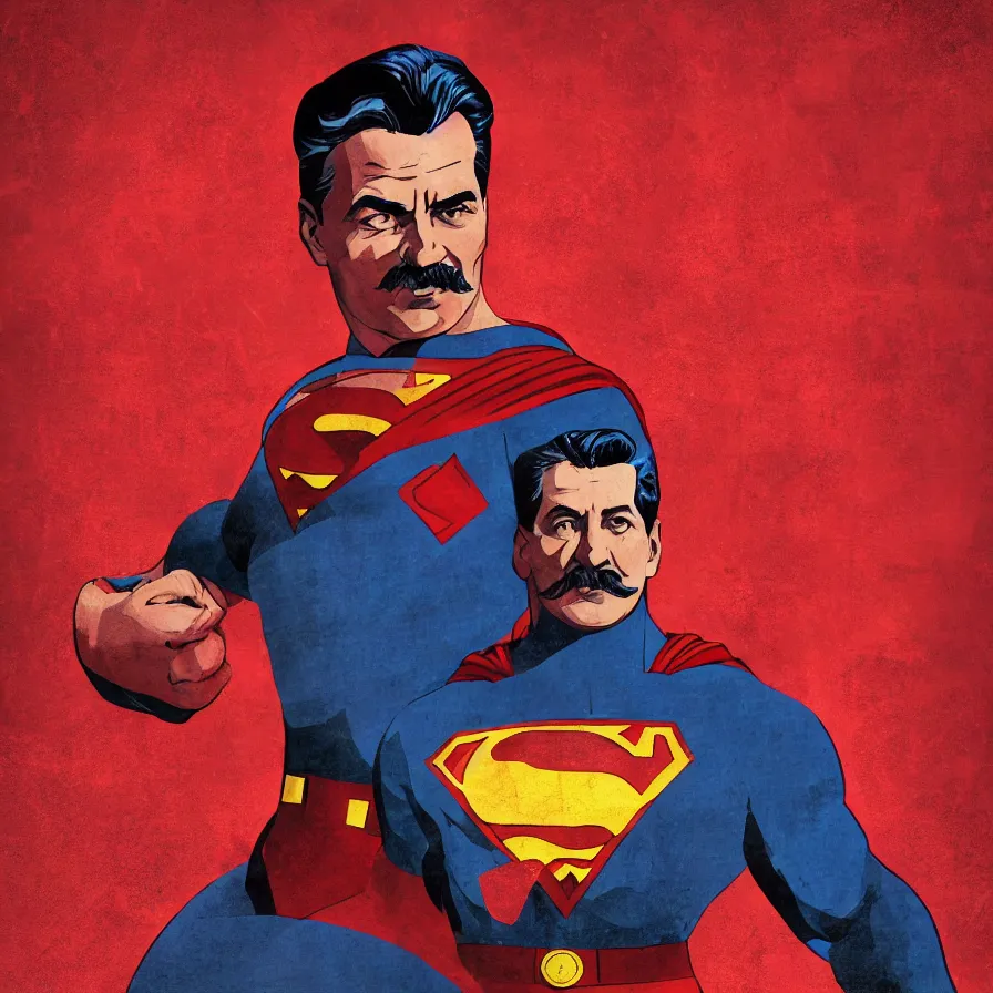 Prompt: stalin as superman, red son, socialist realism, sovietwave aesthetic, hammer and sickle, red square moscow, artgem, photorealistic, detailed, intricate digital art, trending artstation, 8 k uhd, unreal 5, arnold gpu + octane workflow, volumetric lighting, rich moody colors, fan art, concept art, comic book style