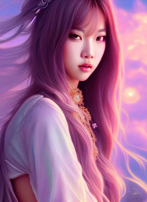 Image similar to lisa of blackpink, goddess of the moon, highly detailed, digital painting, smooth, sharp focus, illustration, ultra realistic, unreal engine, 8 k, art by artgerm and alphonse mucha