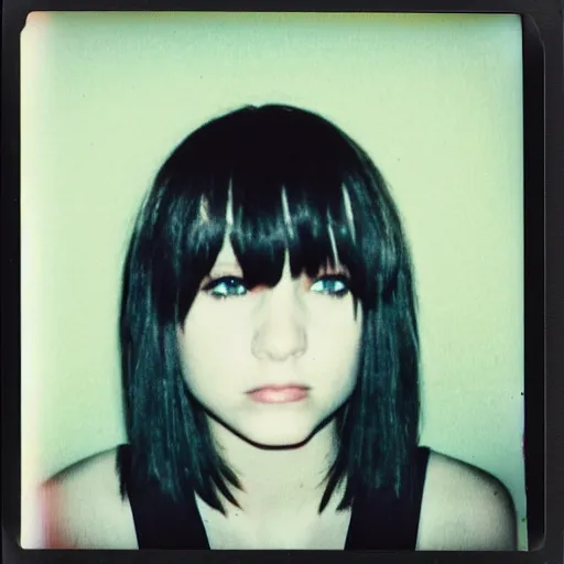 Image similar to polaroid photograph of emo girl, long hair and bangs