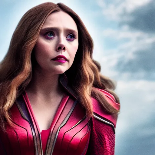 Image similar to A portrait of elizabeth olsen as scarlet witch (2021), cinematic, 8k