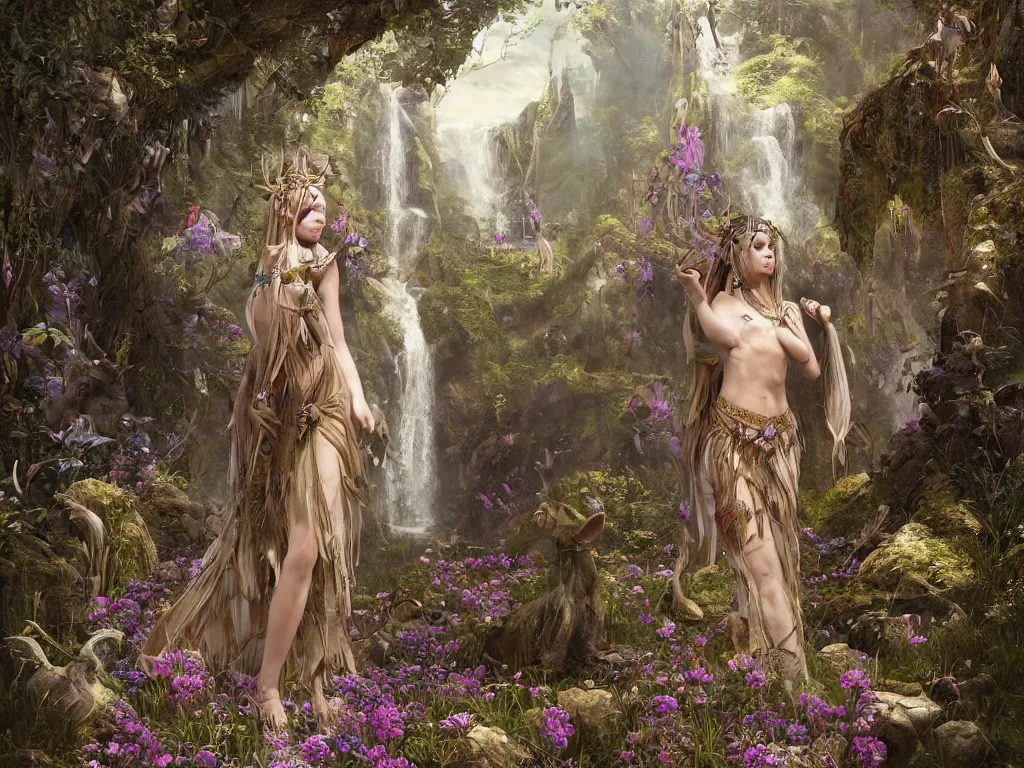 Prompt: a beautiful divine tribal high priestess with feathers and crystals in a lush field of flowers, highly detailed medieval temple with waterfall and deer water nymphs behind her, wide painting by greg rutkowski and hr giger, zbrush, trending on artstation