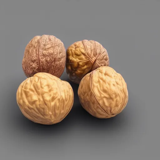 Image similar to 3 d render of 2 walnuts with eyes staring at someone sitting down