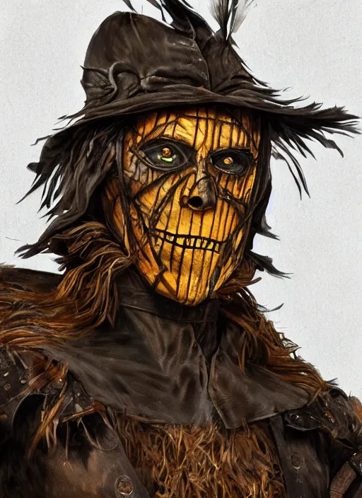 Prompt: powerful male scarecrow, willem dafoe as scarecrow, full body character concept, covered in full leather armor, art nouveau, super powers, fantasy, intricate, elegant, highly detailed, digital painting, artstation, concept art, shining, sharp focus, illustration, art by stanley lau