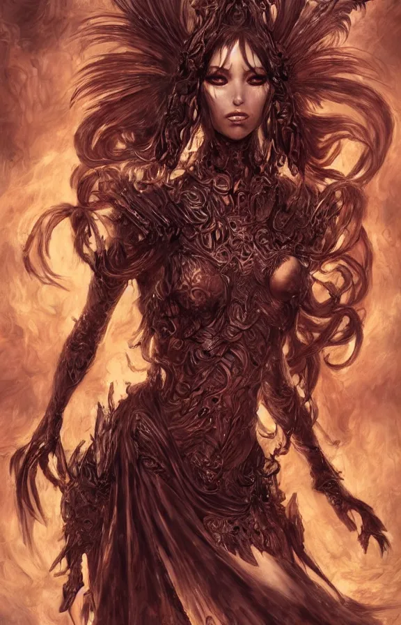 Prompt: an concept art of the demon queen, beautiful hair, intricate details, detailed face, detailed clothes, artstation, epic pose, epic background, ambient light, by max ernst and renoir