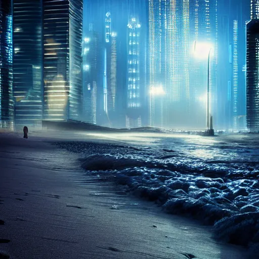 Prompt: beach at night un cyberpunk style, high detail, dense fog, hyper realistic,