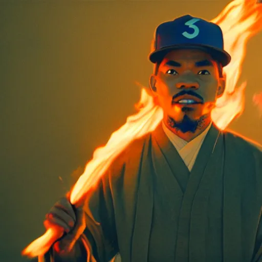 Image similar to cinematic film still of Chance The Rapper starring as a Samurai holding fire, Japanese CGI, VFX, 2022, 40mm lens, shallow depth of field, film photography