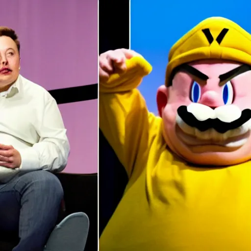 Image similar to Elon Musk dressed as Wario at a board meeting with Twitter