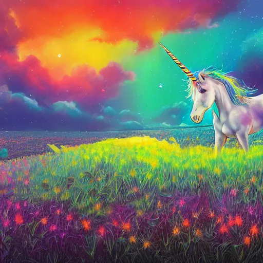 Prompt: a unicorn eating in a field of marijuana with a psychedelic sky, by kim jung gi, paul heaston, extremely wide angle shot, trending on art station, 4 k, vibrant lighting