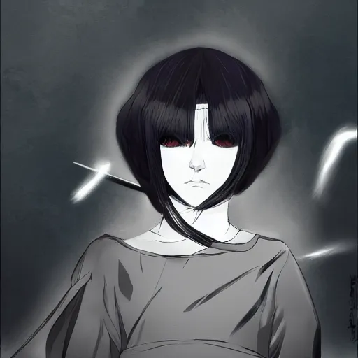 Image similar to sui ishida art manga, female samurai, symatrical, dark atmospheric lighting, volumetrics, manga style, artstation, symetric, lineart