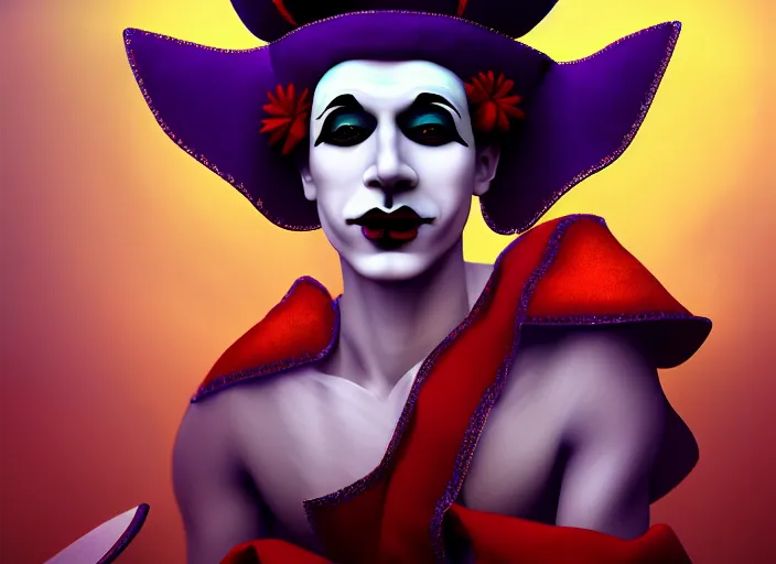 Prompt: award winning digital art of a magnificent pierrot jester wearing a traditional pierrot outfit, performing at a magnificent carnival, beautiful background, trending artstation, digital art, aesthetic, bloom, intricate, elegant, sharp focus, digital illustration, highly detailed, octane render, digital painting, concept art, witchlight carnival, masterpiece