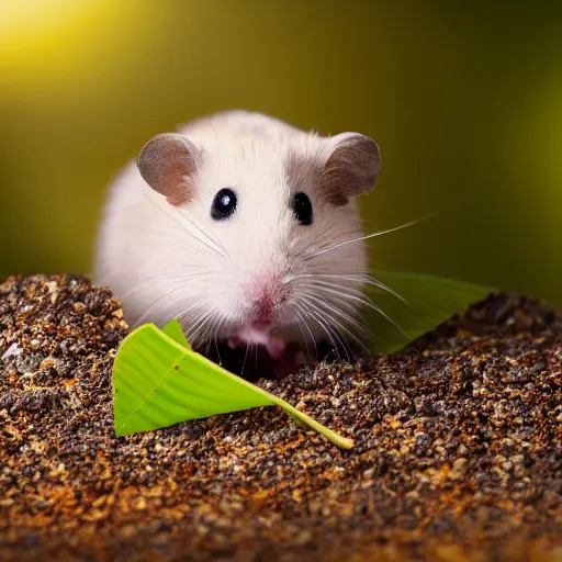 Image similar to a very tiny dwarf hamster eating a large tropical leaf, realistic, depth of field, bokeh blur, studio lighting, detailed, 4 k ultra hd