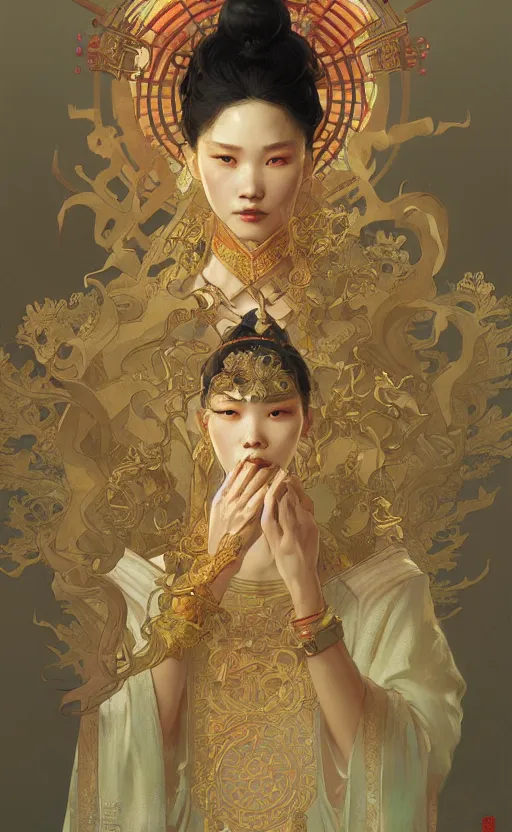 Prompt: personification of china, highly detailed, digital painting, artstation, concept art, sharp focus, illustration, art by greg rutkowski and alphonse mucha