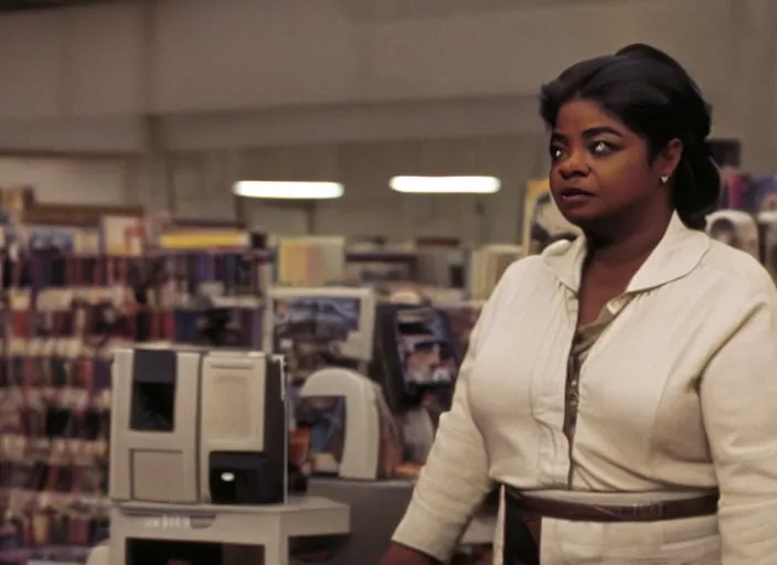 Prompt: cinematic shot of octavia spencer in an small used electronics store, iconic scene from the paranoid thriller sci fi film directed by stanley kubrick, anamorphic cinematography, beautiful composition, color theory, leading lines, photorealistic, volumetric lighting