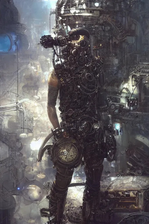 Image similar to a futuristic steampunk engineer with a cybernetic eyepatch, upper body, highly detailed, intricate, sharp details, dystopian mood, sci-fi character portrait by gaston bussiere, craig mullins