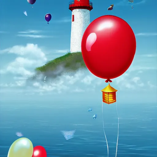 Prompt: plenty of floating birthday balloons. beautiful sea with a lighthouse. digital art, highly - detailed, artstation cgsociety masterpiece